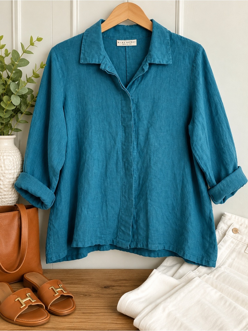 bryn Walker Teal Button-Front Linen Shirt 100% linen